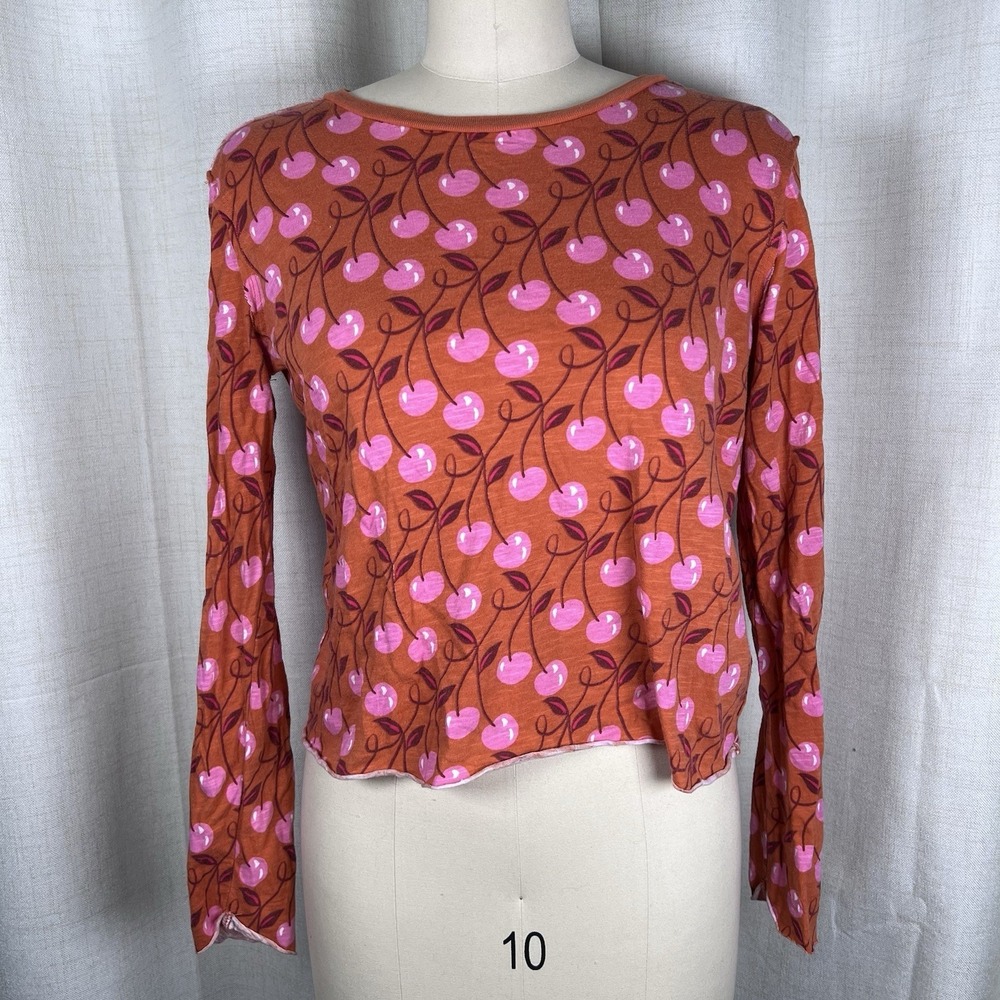 Anthropologie Maeve Cherry Print Orange Pink Long Sleeve Top Women's Small‎